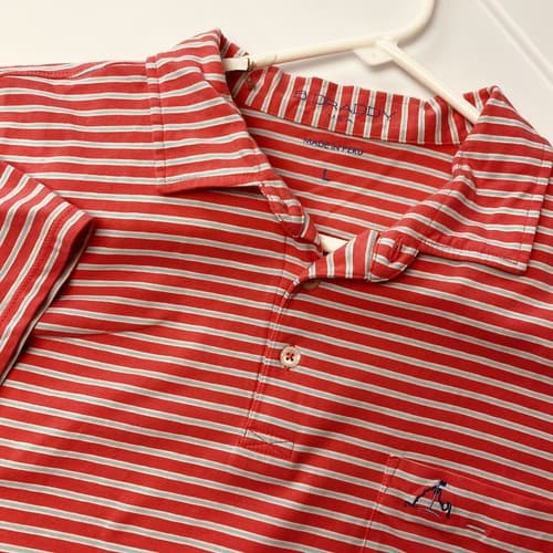 B. Draddy Golf Polo Shirt Mens Large Short Sleeve Coral Red Striped Pocket Pima - Thumbnail 2