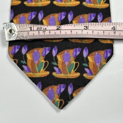 Ermenegildo Zegna Silk Tie Mens Black Multicolor Coffee Cup Floral Pattern Italy - Thumbnail 6