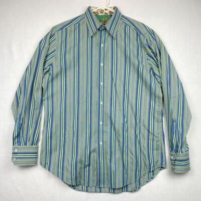 Robert Graham Blue Green Striped Shirt Mens Medium Geometric Flip Cuff Silk Trim - Thumbnail 2