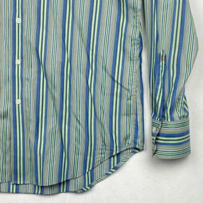 Robert Graham Blue Green Striped Shirt Mens Medium Geometric Flip Cuff Silk Trim - Thumbnail 5