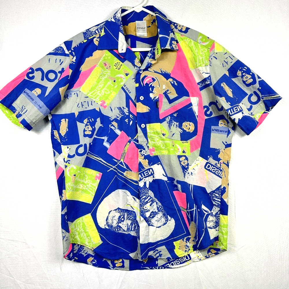 RipnDip Mens Medium Button Short Sleeve Shirt Dissidenten Print Neon Multicolor - Image 1