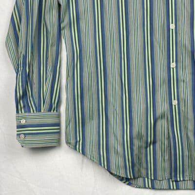 Robert Graham Blue Green Striped Shirt Mens Medium Geometric Flip Cuff Silk Trim - Thumbnail 6