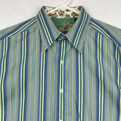 Robert Graham Blue Green Striped Shirt Mens Medium Geometric Flip Cuff Silk Trim - Thumbnail 7