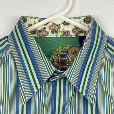 Robert Graham Blue Green Striped Shirt Mens Medium Geometric Flip Cuff Silk Trim - Thumbnail 8