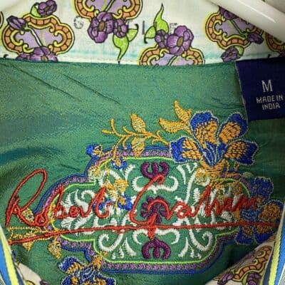 Robert Graham Blue Green Striped Shirt Mens Medium Geometric Flip Cuff Silk Trim - Thumbnail 9