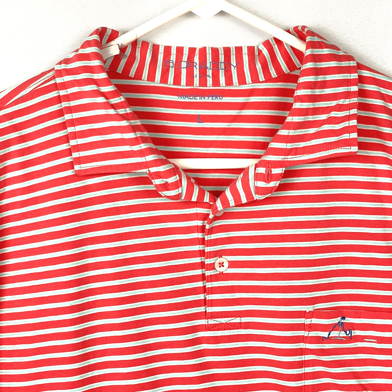 B. Draddy Golf Polo Shirt Mens Large Short Sleeve Coral Red Striped Pocket Pima - Image 1