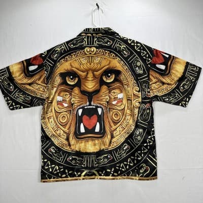 ZEN Shirt Mens Medium Multicolor Lion Aztec Bold Graphic Button Up Vintage 90s - Thumbnail 2