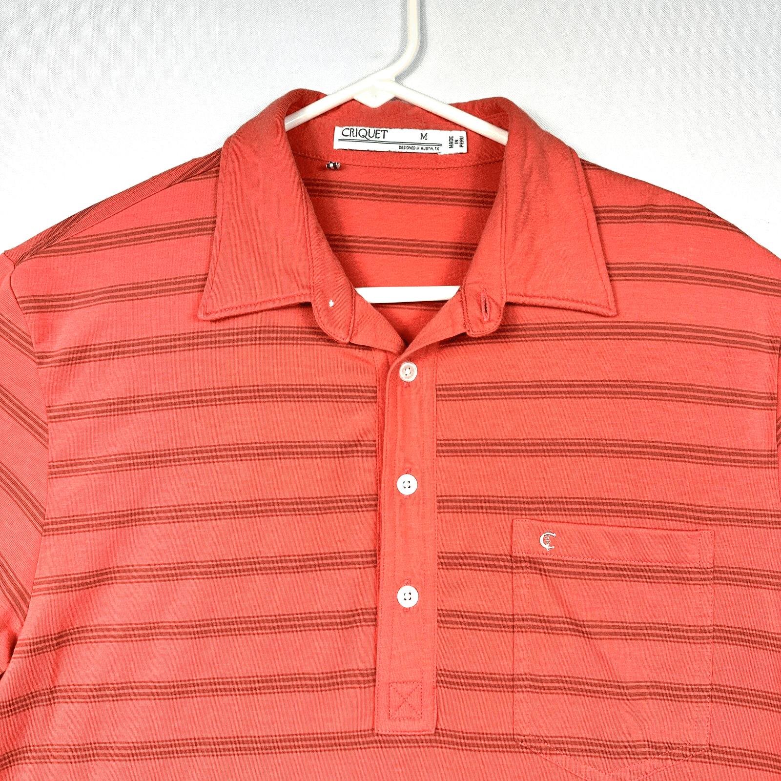 Criquet Mens Medium Golf Polo Shirt Pima Cotton Red Striped Short Sleeve Pocket - Image 1