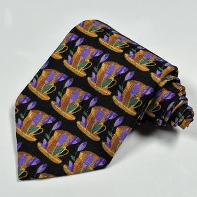 Ermenegildo Zegna Silk Tie Mens Black Multicolor Coffee Cup Floral Pattern Italy - Thumbnail 2