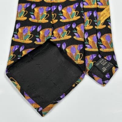 Ermenegildo Zegna Silk Tie Mens Black Multicolor Coffee Cup Floral Pattern Italy - Thumbnail 5