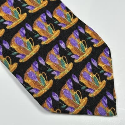 Ermenegildo Zegna Silk Tie Mens Black Multicolor Coffee Cup Floral Pattern Italy - Thumbnail 3