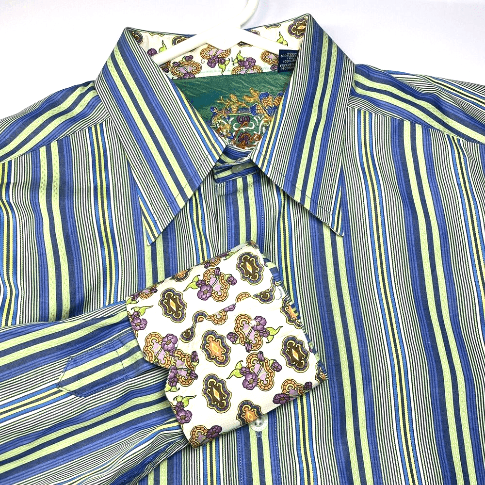 Robert Graham Blue Green Striped Shirt Mens Medium Geometric Flip Cuff Silk Trim - Image 1