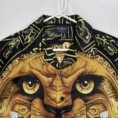 ZEN Shirt Mens Medium Multicolor Lion Aztec Bold Graphic Button Up Vintage 90s - Thumbnail 4