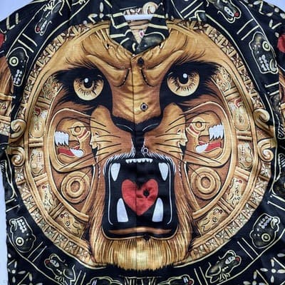 ZEN Shirt Mens Medium Multicolor Lion Aztec Bold Graphic Button Up Vintage 90s - Thumbnail 3