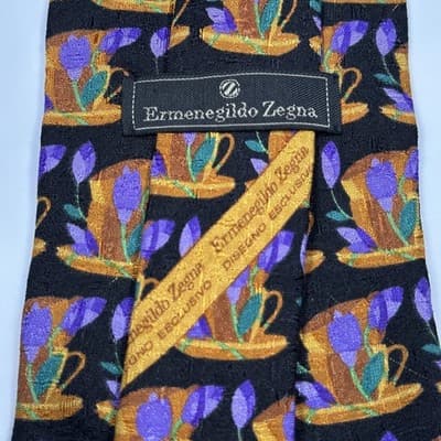 Ermenegildo Zegna Silk Tie Mens Black Multicolor Coffee Cup Floral Pattern Italy - Thumbnail 4