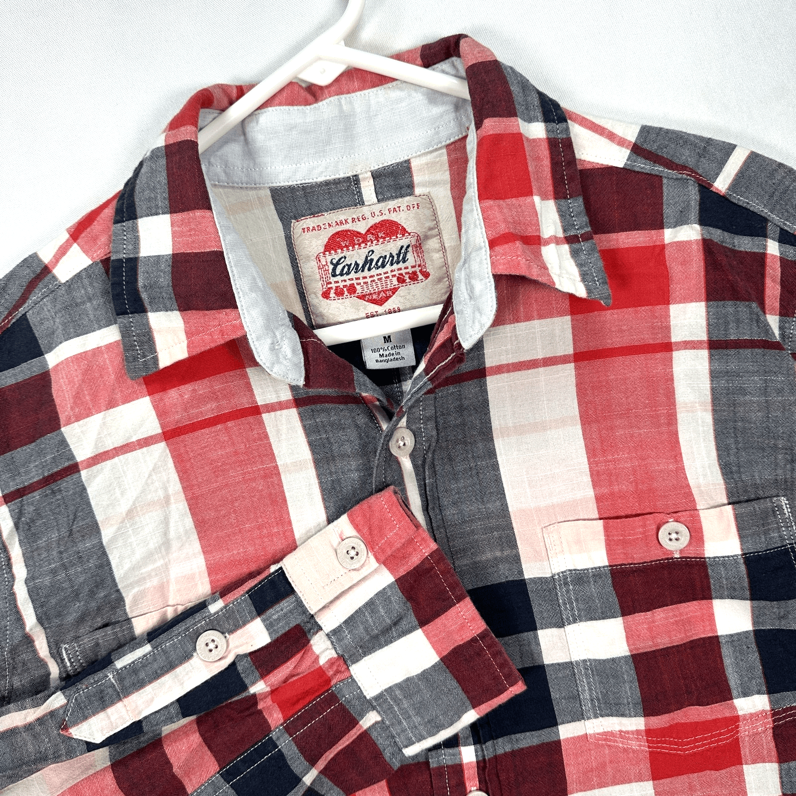 Vintage Carhartt Shirt Mens Medium Red Black Plaid Workwear Long Sleeve Button - Image 1