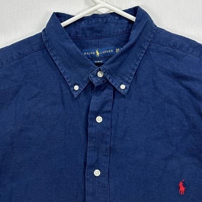 NEW Ralph Lauren Linen Shirt Mens 2XB Big Blue Short Sleeve Button Down Slim Fit - Thumbnail 4