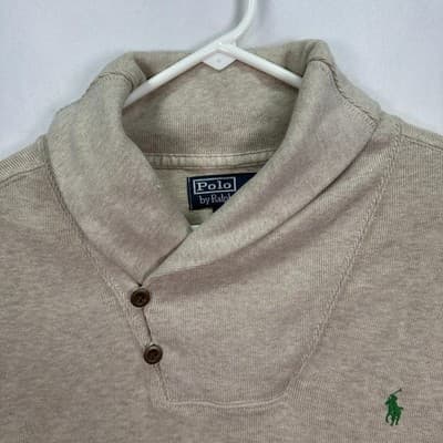 Polo Ralph Lauren Shawl Collar Sweater Men Large Beige Pullover Long Sleeve Pony - Thumbnail 4