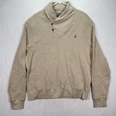 Polo Ralph Lauren Shawl Collar Sweater Men Large Beige Pullover Long Sleeve Pony - Thumbnail 2