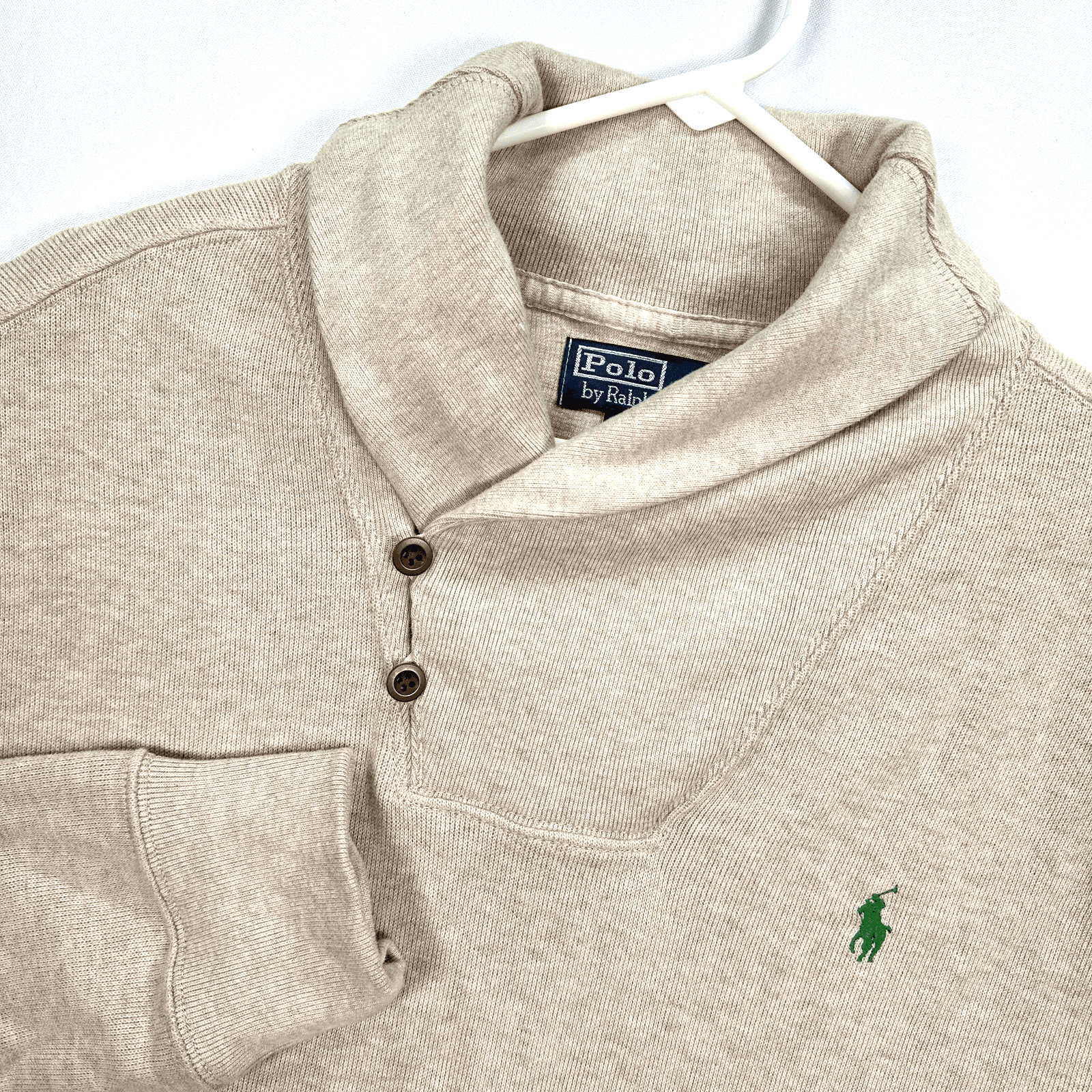 Polo Ralph Lauren Shawl Collar Sweater Men Large Beige Pullover Long Sleeve Pony - Image 1