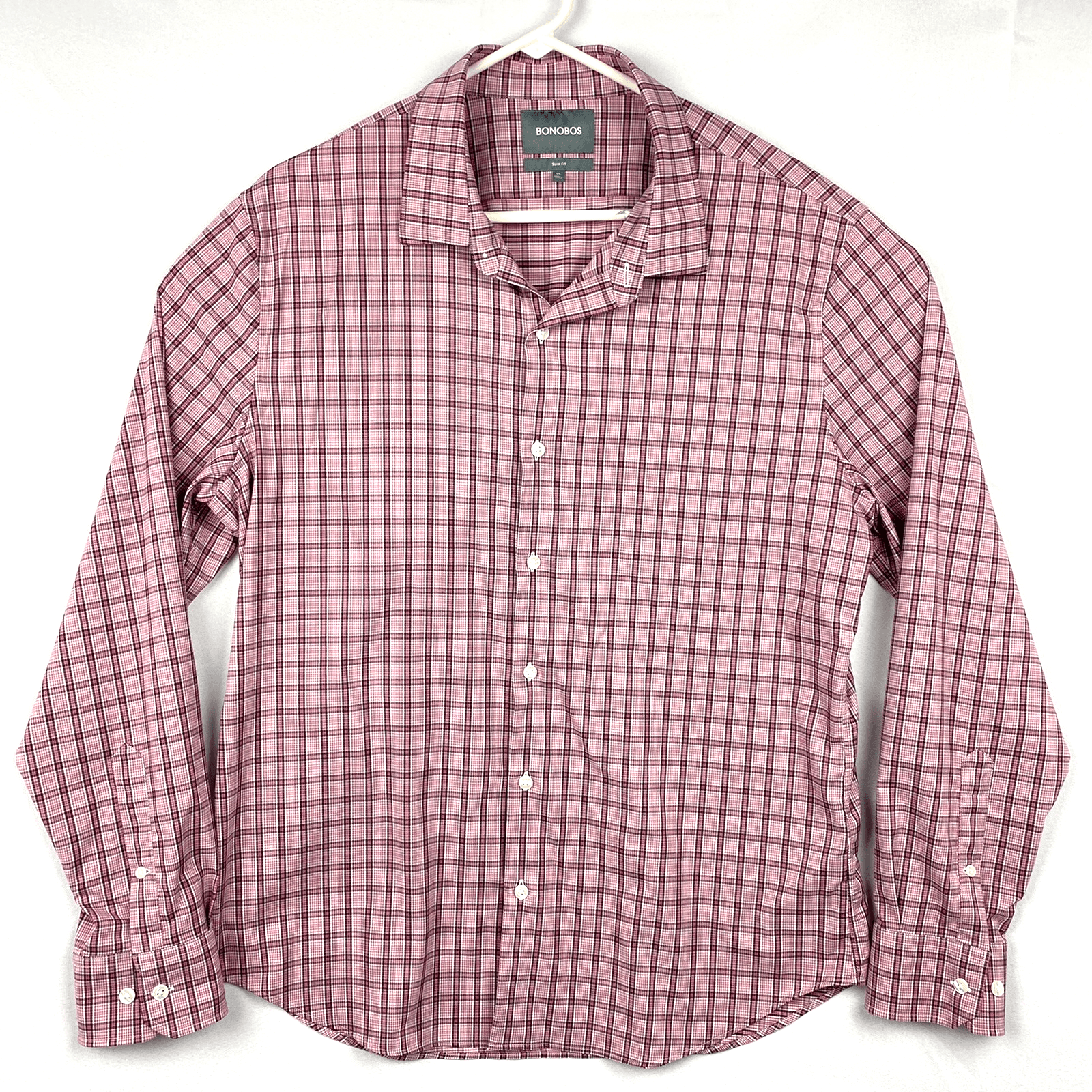 Bonobos Button Up Shirt Mens XL Slim Fit Long Sleeve Red Pink Checker Plaid - Image 1
