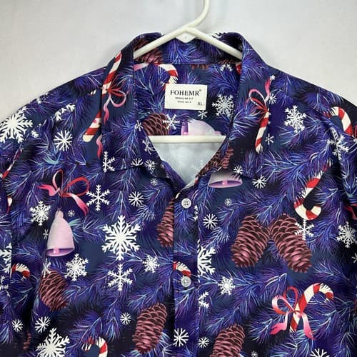 Fohemr Mens Xmas Shirt Christmas Button Up Long Sleeve Multicolor Candy Canes - Thumbnail 5