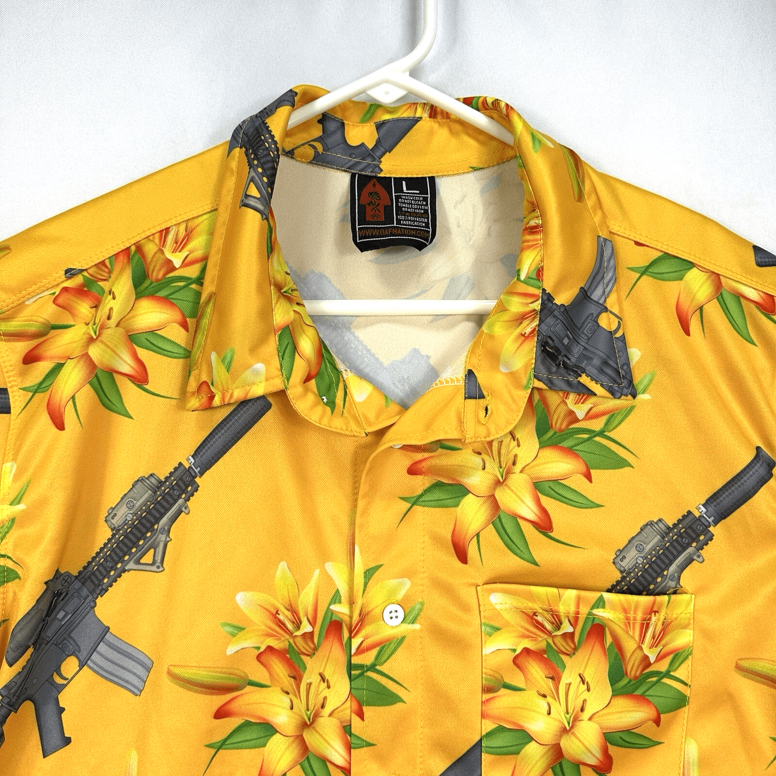 OAF NATION Orange Floral Gun Hawaiian Shirt Mens Large Button Up Short Sleeve - Image 1