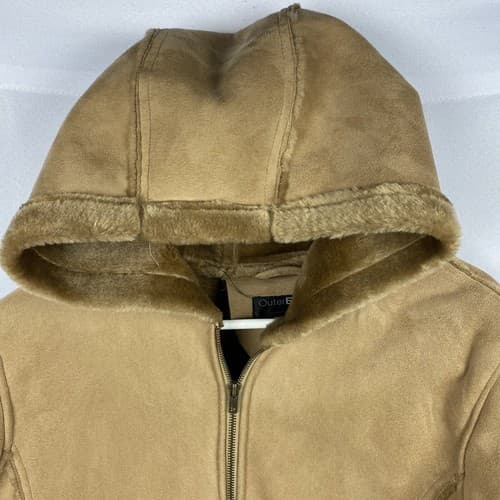 Outer Edge Faux Suede Leather Womens Size 1X Coat Hooded Tan Full Zip - Thumbnail 7