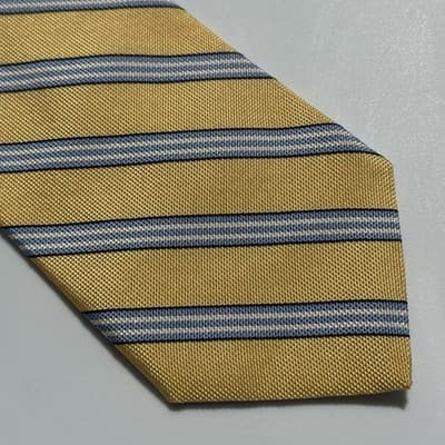 NEW Brooks Brothers Tie Men Gold Blue Repp Striped Silk Necktie Classic Business - Thumbnail 4