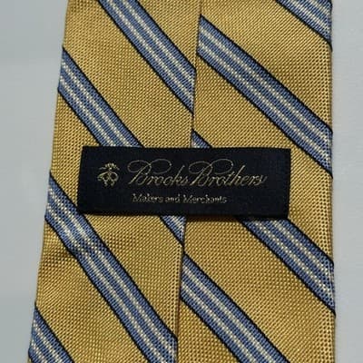 NEW Brooks Brothers Tie Men Gold Blue Repp Striped Silk Necktie Classic Business - Thumbnail 5
