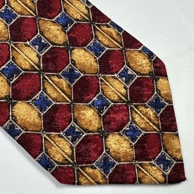 Ermenegildo Zegna Mens Silk Tie Red Gold Blue Geometric Necktie Italy 3.5 x 57.5 - Thumbnail 3