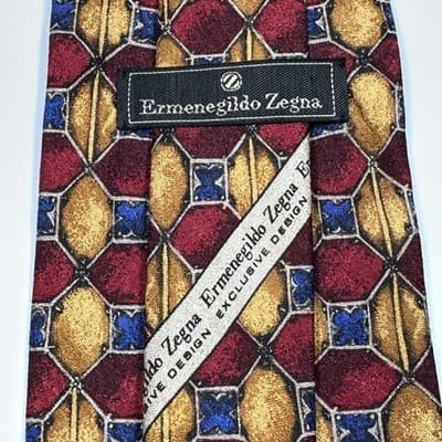 Ermenegildo Zegna Mens Silk Tie Red Gold Blue Geometric Necktie Italy 3.5 x 57.5 - Thumbnail 4