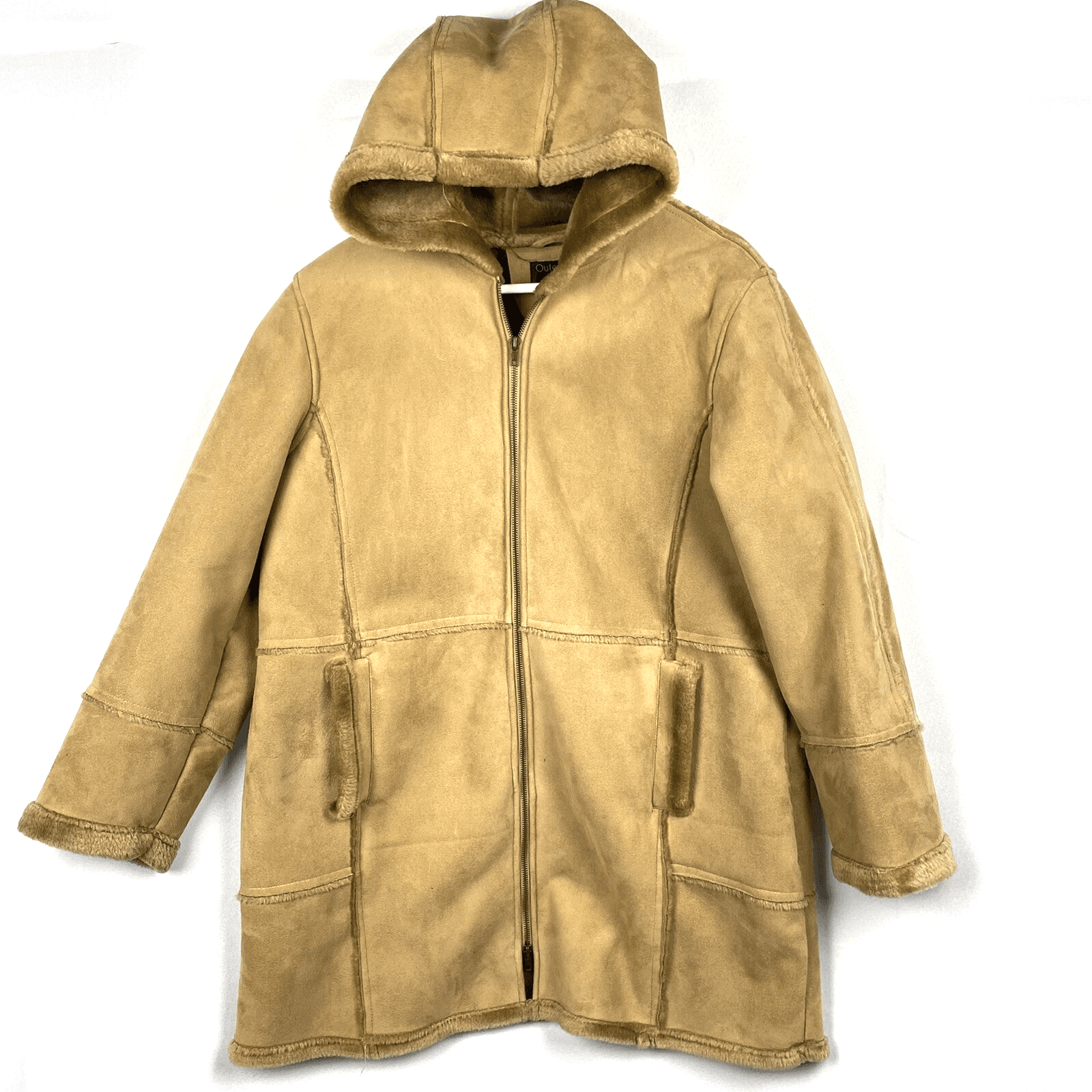 Outer Edge Faux Suede Leather Womens Size 1X Coat Hooded Tan Full Zip - Image 1