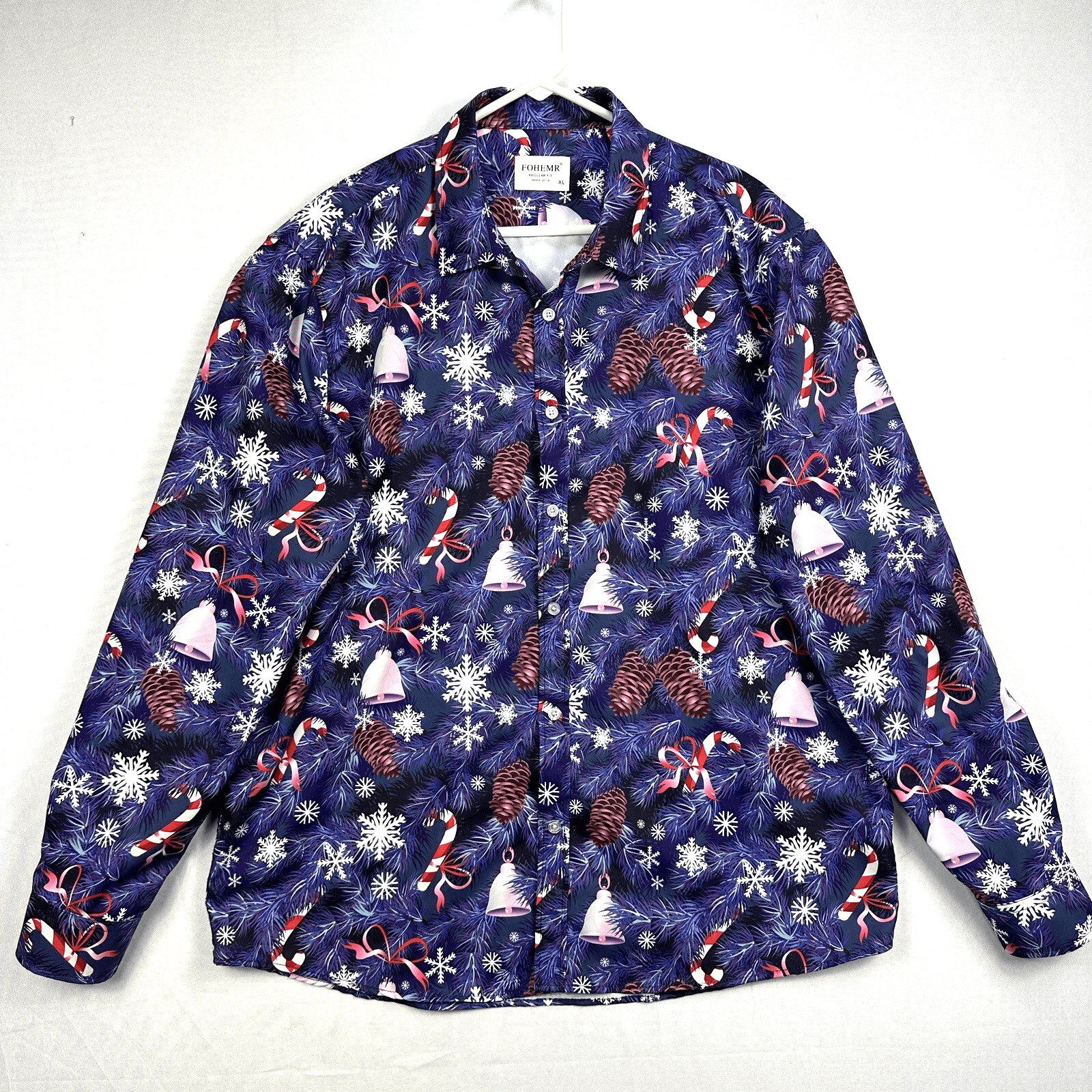 Fohemr Mens Xmas Shirt Christmas Button Up Long Sleeve Multicolor Candy Canes - Image 1