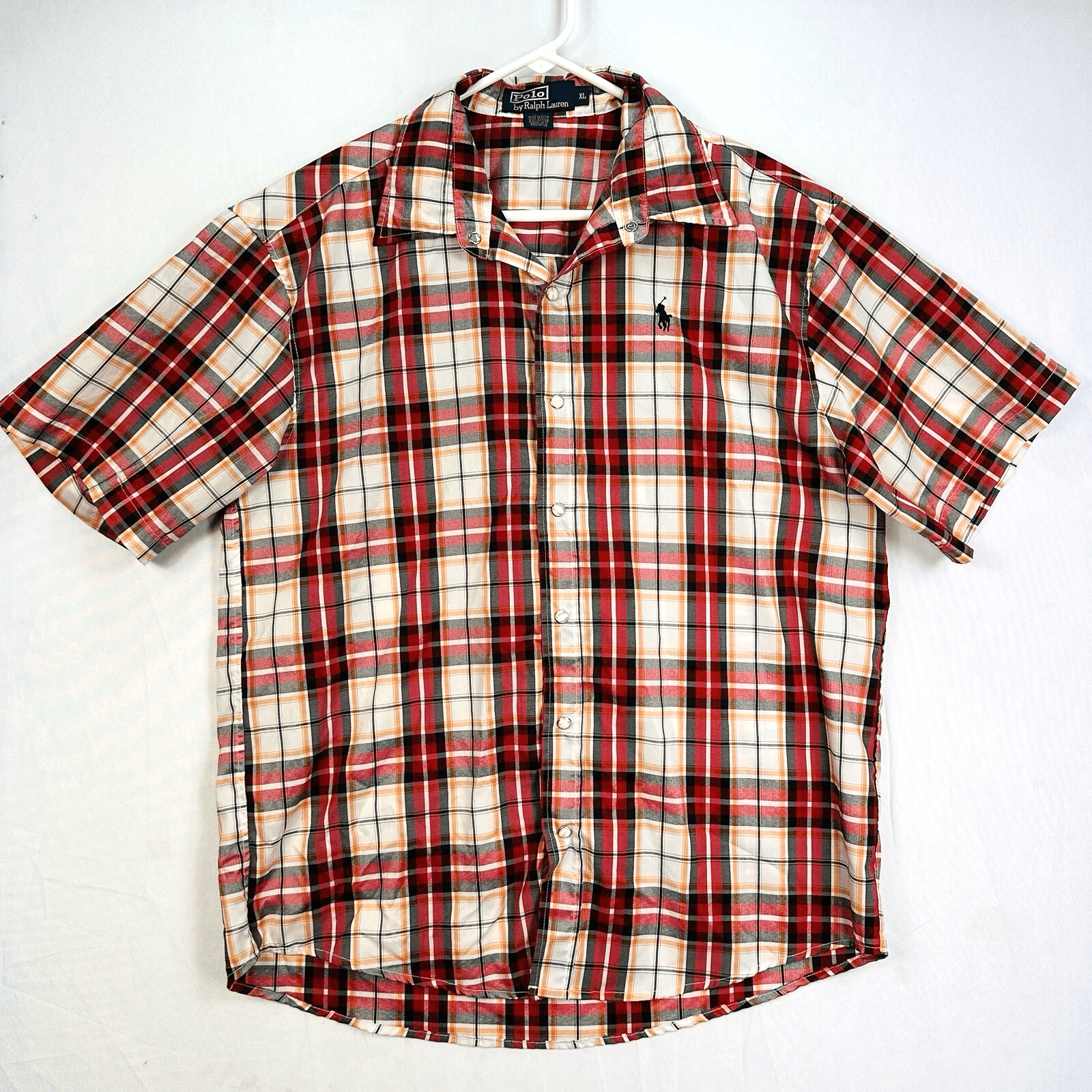 Polo Ralph Lauren Pearl Snap Shirt Mens XL Red Plaid Short Sleeve Vintage - Image 1