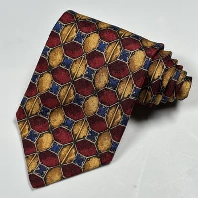Ermenegildo Zegna Mens Silk Tie Red Gold Blue Geometric Necktie Italy 3.5 x 57.5 - Thumbnail 2