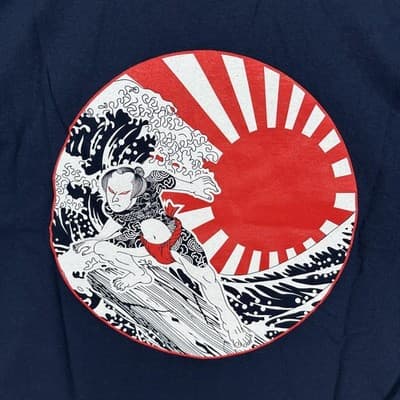 Gildan Japanese Surf Shirt Mens Large Blue Samurai Rising Sun Wave Back Tee - Thumbnail 7