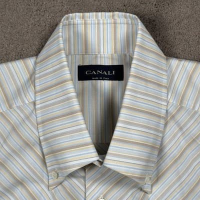 Canali Dress Shirt Mens 17 43 Multicolor Striped Button Down 100% Cotton Italy - Thumbnail 4