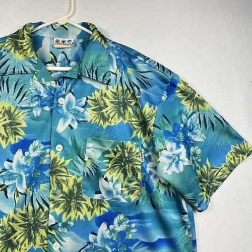 Third Rail Hawaiian Shirt Mens Large Tropical Floral Blue Green Mesh Vintage - Thumbnail 4
