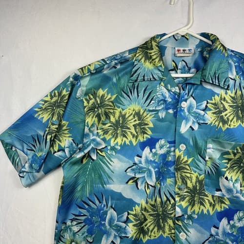Third Rail Hawaiian Shirt Mens Large Tropical Floral Blue Green Mesh Vintage - Thumbnail 5