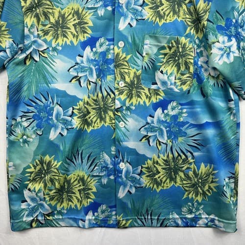 Third Rail Hawaiian Shirt Mens Large Tropical Floral Blue Green Mesh Vintage - Thumbnail 3