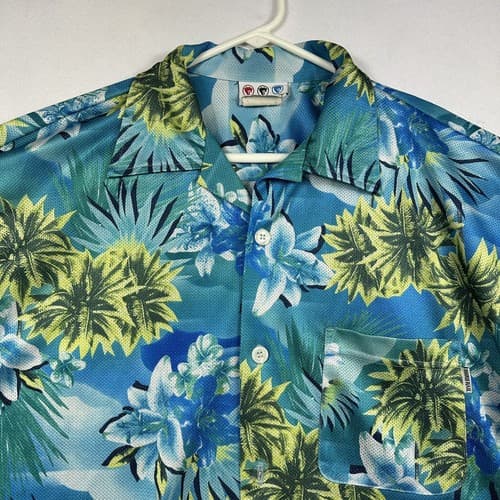 Third Rail Hawaiian Shirt Mens Large Tropical Floral Blue Green Mesh Vintage - Thumbnail 6