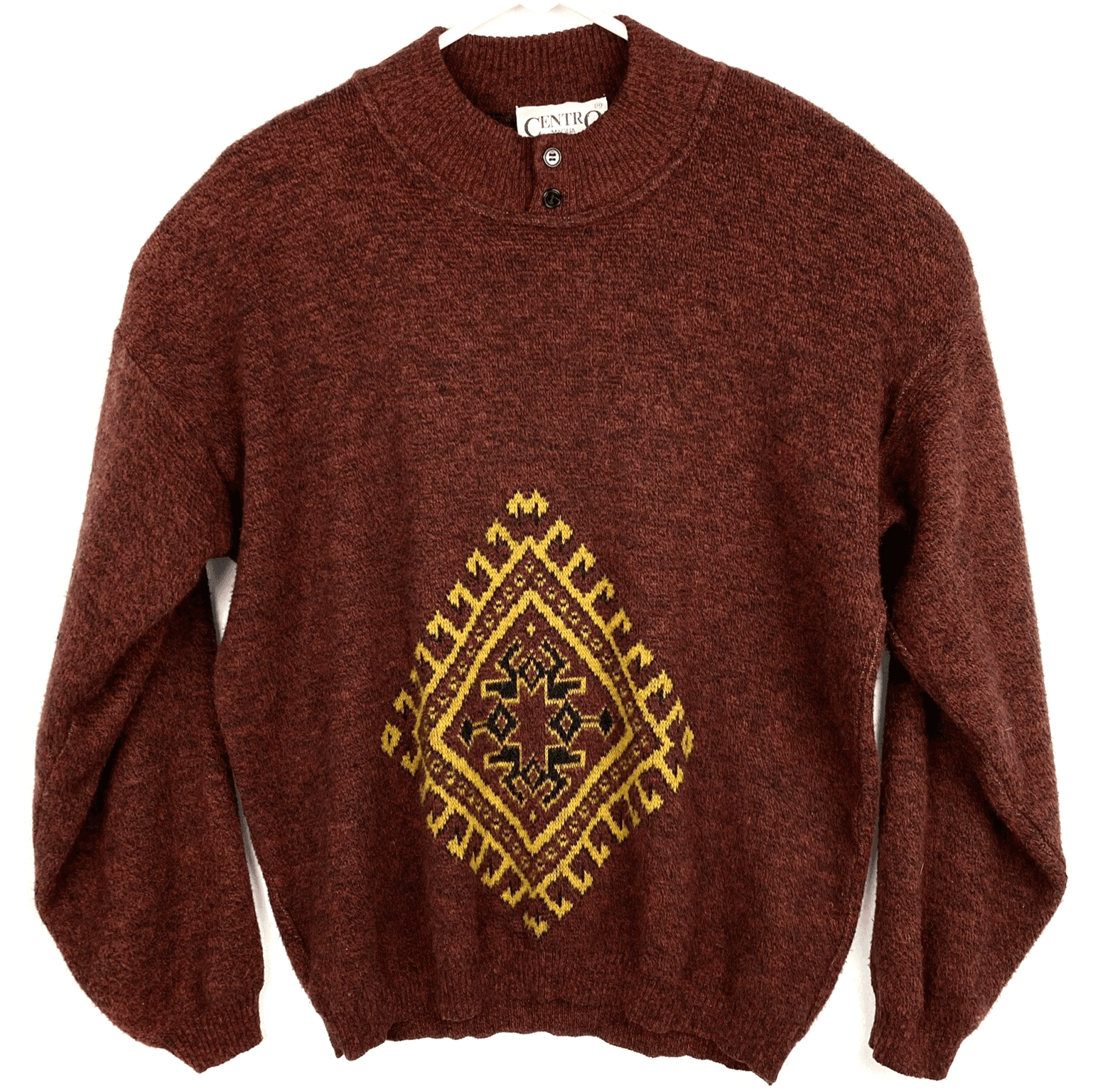 CENTRO MAGLIA Mens Large Sweater Crewneck Pullover Maroon Gold Aztec Italy - Image 1