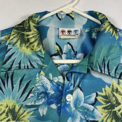 Third Rail Hawaiian Shirt Mens Large Tropical Floral Blue Green Mesh Vintage - Thumbnail 7
