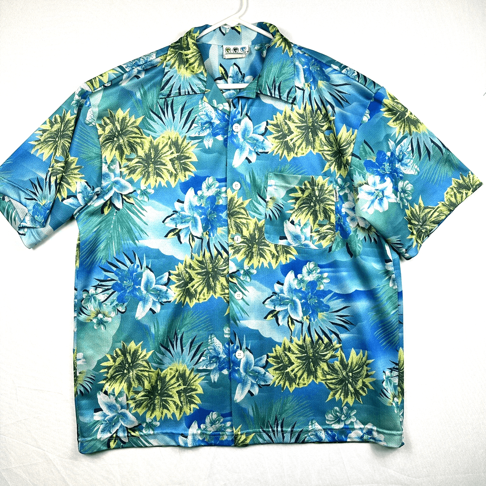 Third Rail Hawaiian Shirt Mens Large Tropical Floral Blue Green Mesh Vintage - Image 1