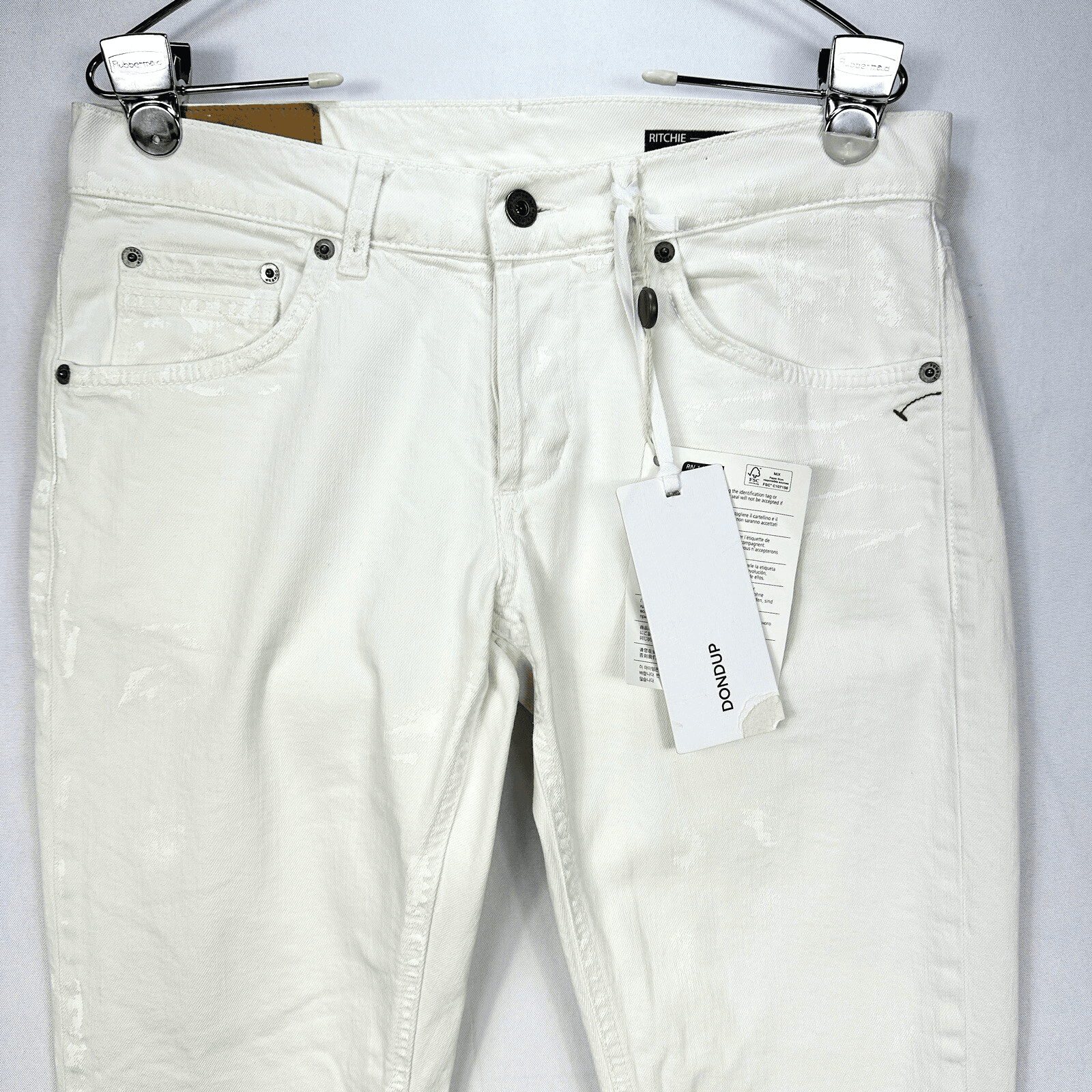 NEW Dondup Ritchie Jeans Mens 34 x 30 White Painted Stretch Button Fly - Thumbnail 2