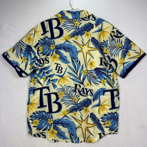 Tampa Bay Rays Hawaiian Shirt Mens Medium Blue Yellow Floral Dave Wills MLB S/S - Thumbnail 2