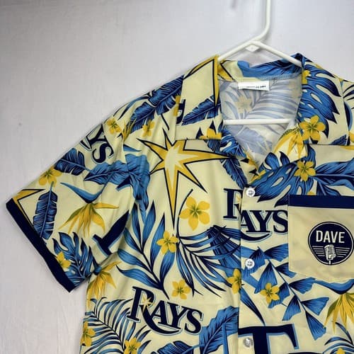 Tampa Bay Rays Hawaiian Shirt Mens Medium Blue Yellow Floral Dave Wills MLB S/S - Thumbnail 5