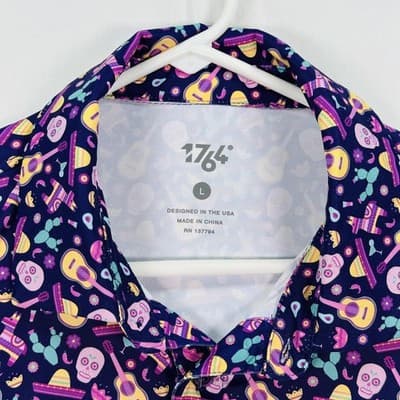 1764 Golf Polo Shirt Mens Large Multicolor Mexican Stretch Sugar Skull Fiesta - Thumbnail 4