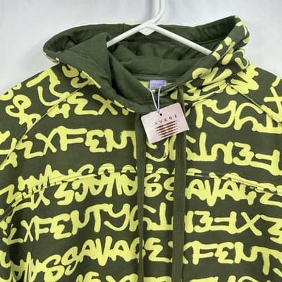 Savage X Fenty Graffiti Logo Hoodie Olive Green Neon Yellow XXS Oversized - Thumbnail 4